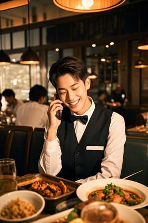 Restaurant waiter smiling and talking on the phone sceneの素材