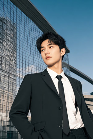 Men in suits standing outdoorsの素材