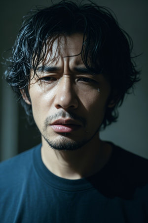 Male face close up expression sadの素材