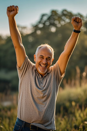Outdoor elderly people raise their hands and smileの素材