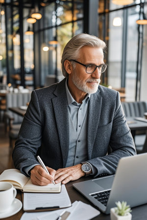 Mature men's cafe office sceneの素材