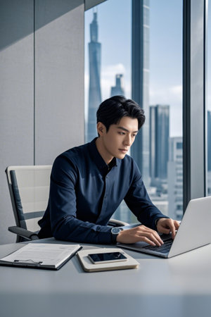 Men in the office focus on using laptopsの素材