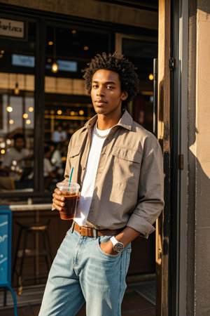 Outdoor portrait of young man holding drinkの素材