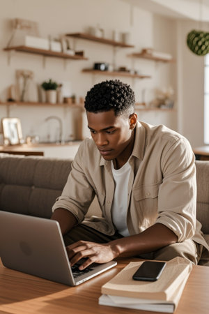 Laptop in front of man's indoor sofaの素材