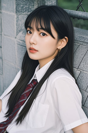 Asian women in school uniforms lean against a wallの素材