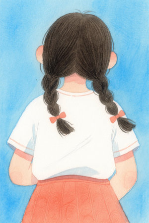 Illustration of the back of a girl with twin ponytailsの素材