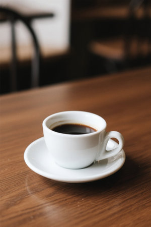 White porcelain coffee cup on wooden tableの素材