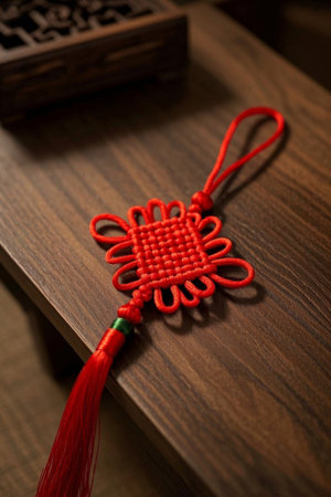 Red Chinese knot on a Chinese wooden tableの素材