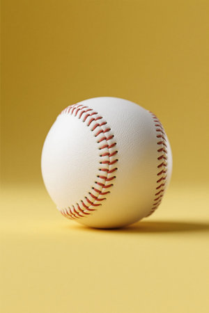 Close-up of baseball against a yellow backgroundの素材