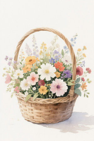Hand-painted rattan flower baskets filled with wildflowersの素材