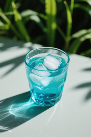 Close-up of a blue drink in a cup with iceの素材