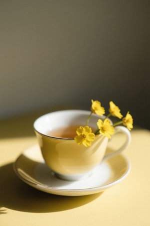 Tea and small flowers in a yellow teacupの素材