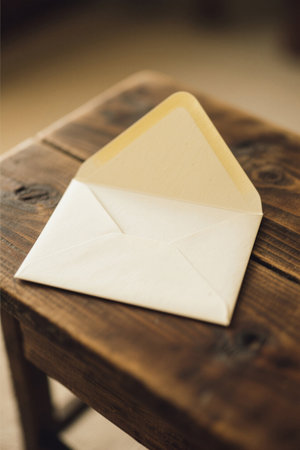 White envelope on wooden tableの素材