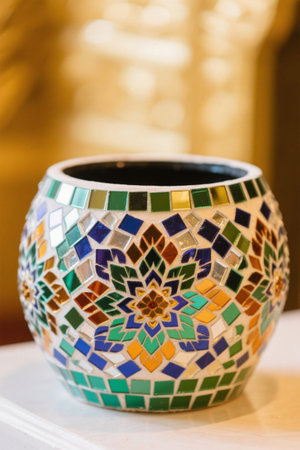 Close-up of colorful mosaic decorated vaseの素材