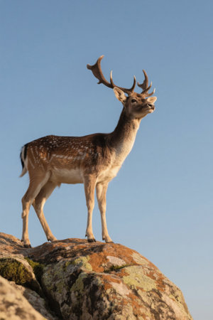 Wild-horned sika deer standing on a rockの素材