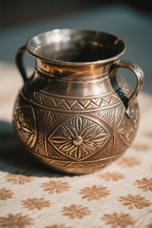 Close-up of a traditional patterned binaural copper jarの素材