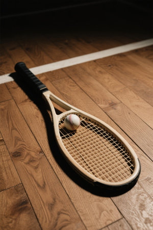 Tennis rackets and balls on wooden floorsの素材