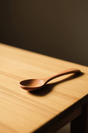 Close-up of a wooden spoon on a wooden tabletopの素材
