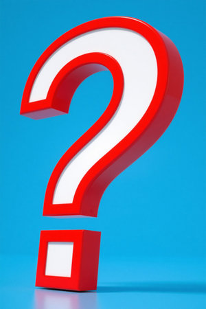 Red stereoscopic question mark on blue backgroundの素材
