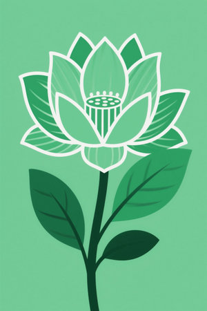 Hand-painted lotus illustration on green backgroundの素材