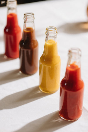 Close-up of the sauce in a glass bottleの素材