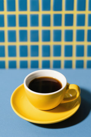 Yellow coffee cup with blue background still lifeの素材