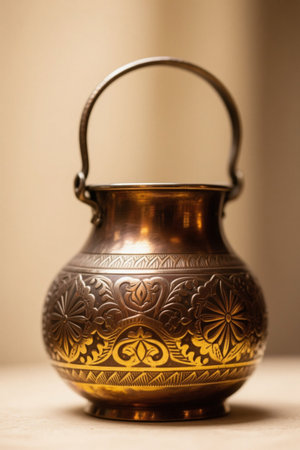 Close-up of a traditional copper handle potの素材