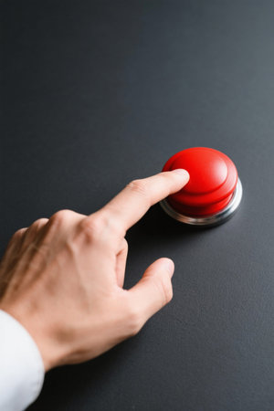 Close-up of hand pressing the red buttonの素材