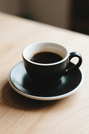 Black coffee cup and coffee on wooden tableの素材