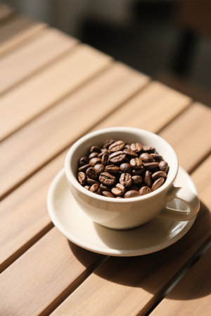Close-up of coffee beans in cups on a wooden tableの素材
