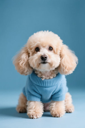 Close up of puppy in blue sweaterの素材