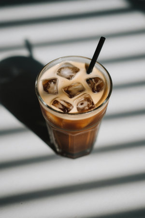 Brown drink in a glass with iceの素材