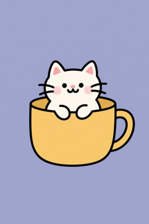 Cute image of cartoon kitten in cupの素材