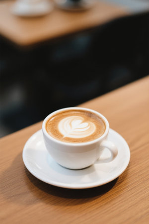 Cappuccino coffee on a wooden tableの素材