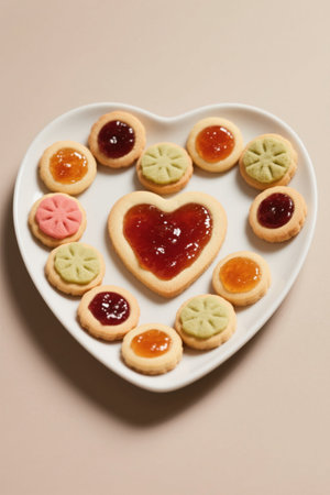 Colorful sandwich cookies in a heart-shaped dishの素材