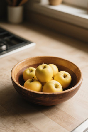 Yellow apples in wooden bowls on kitchen countertopsの素材