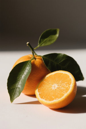 Fresh oranges with green leaves and slicesの素材