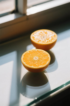 Two halves of fresh oranges placed by the windowの素材