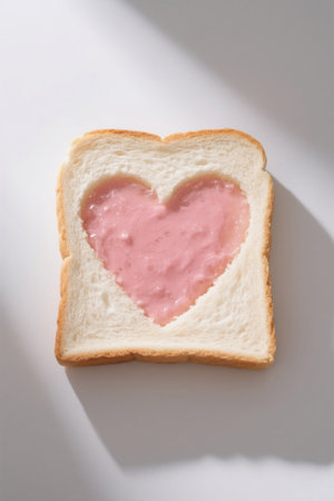Spread heart-shaped jam on bread slicesの素材