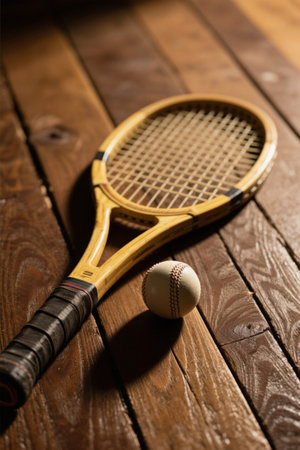 Tennis rackets and balls on wooden tabletopの素材