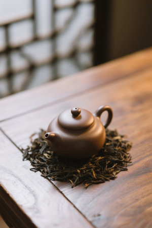 Teapot and tea leaves on a wooden tableの素材