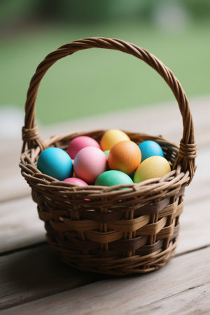 Colorful Easter eggs in a basketの素材