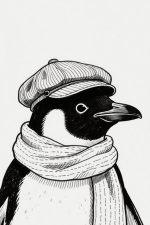 Penguin illustration with hat and scarfの素材