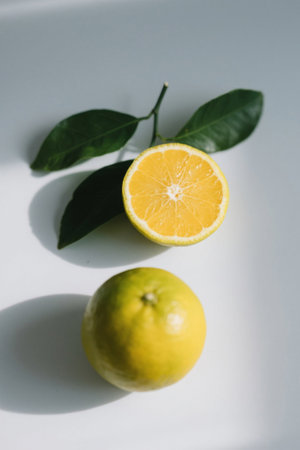 Close-up of oranges with green leaves and half-cut orangesの素材