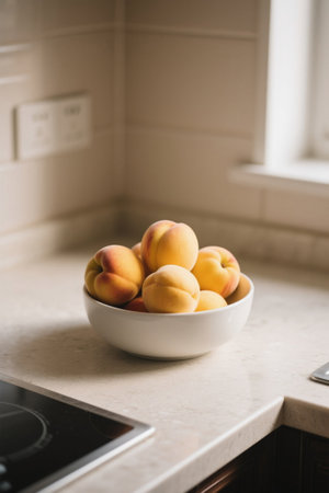 Fresh peaches in bowls on kitchen countertopsの素材