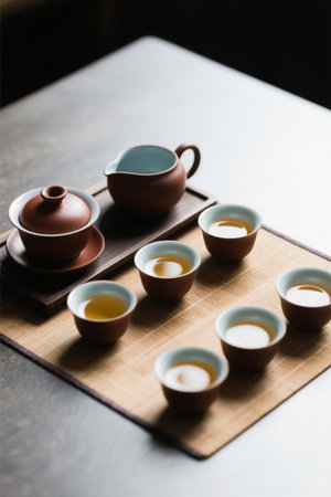 Traditional tea set and teacup with tea soupの素材