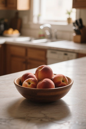Fresh peaches in bowls on kitchen countertopsの素材