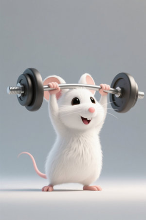Cartoon mouse holding a barbell fitness imageの素材