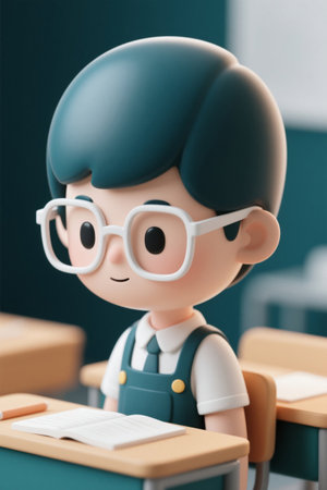 Cartoon boy classroom reading sceneの素材