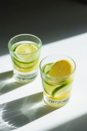 Close-up of a drink with lemon slices in a glassの素材